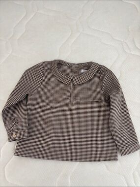 Coco Blanc Toddler Long-Sleeve Peter Pan Collar Top in Brown Check